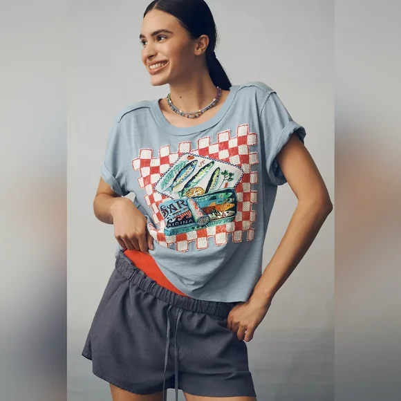 🪷NWT Anthropologie Maive Sardine Linen Blend Graphic Tee In Sardine Print, XL🌙 - Picture 2 of 9